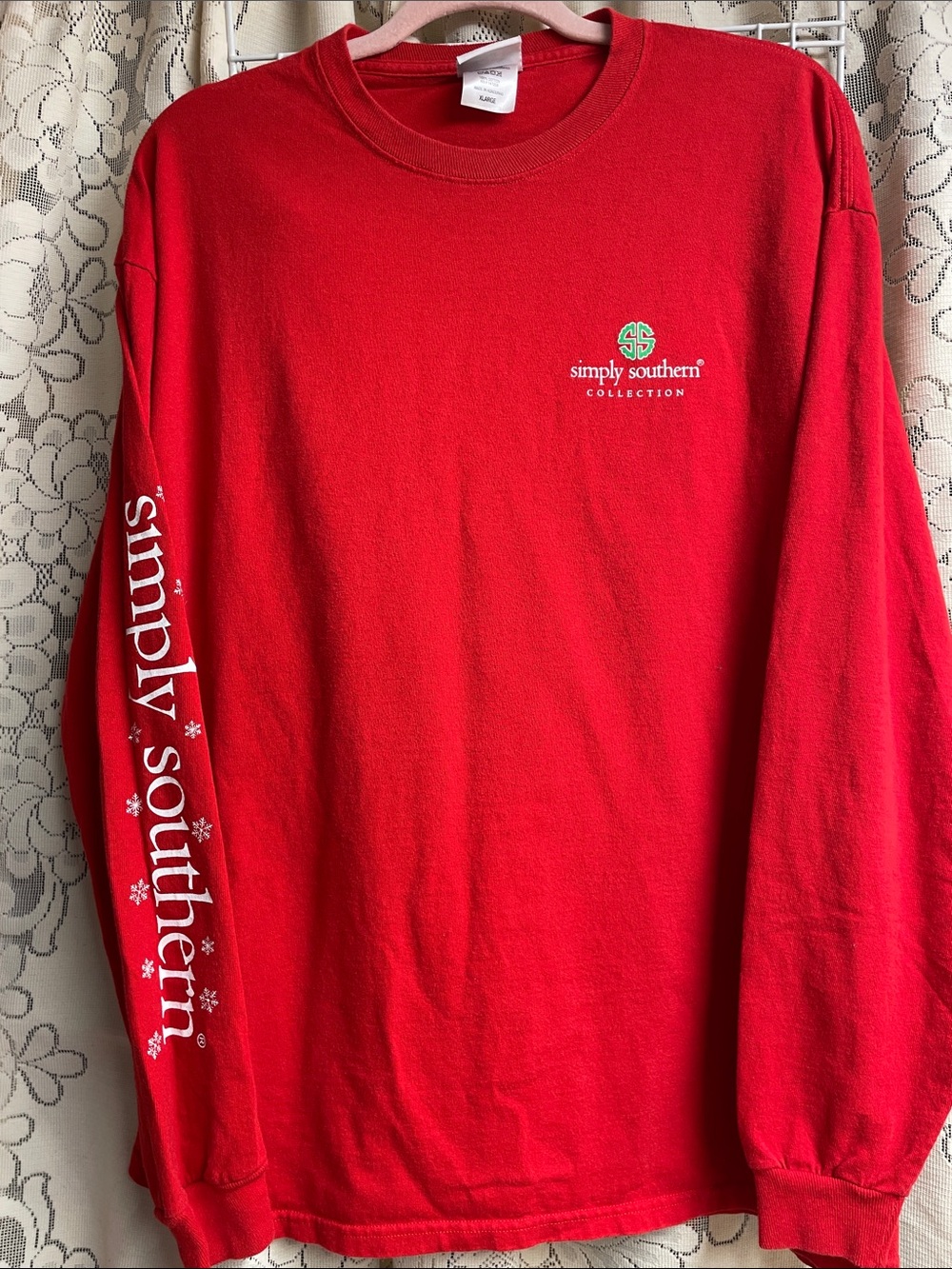 Simply Southern Red Long Sleeve Shirt with White Sleeve Script Xlrg